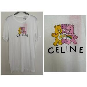 Celine Bootleg Parody Mashup Tee Featuring a Care Bear Graphic in White, Sample